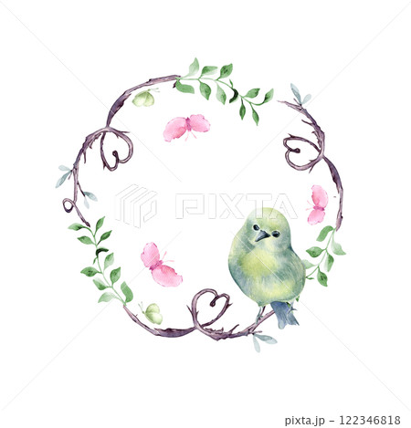 Watercolor circle frame of hearts by tree branches and cute bird isolated. Gentle curvy twigs with simple green leaves butterflies on wreath hand drawn. Natural designs for Valentine, woodland card. 122346818