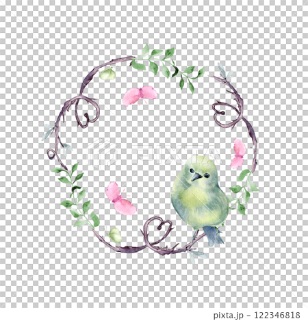 Watercolor circle frame of hearts by tree branches and cute bird isolated. Gentle curvy twigs with simple green leaves butterflies on wreath hand drawn. Natural designs for Valentine, woodland card. 122346818