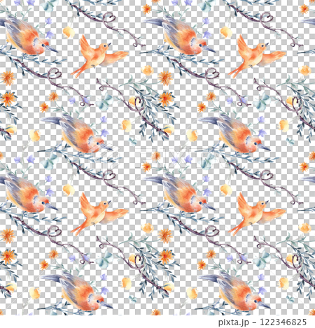 Watercolor seamless pattern of nature, birds, butterfly and tree branch hand drawn isolated. Floral romantic design textile in orange. Birds and hearts on repeated background for Valentine day. Watercolor seamless pattern of nature, birds, butterfly and tree branch hand drawn isolated. Floral romantic design textile in orange. Birds and hearts on repeated background for Valentine day. 122346825