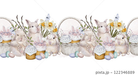 Seamless Banner, Border Easter Composition with Bunnies, Cakes, and Basket 122346889
