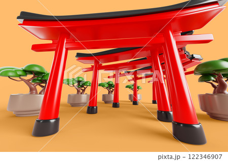 Japanese corridor of red torii gates with green bonsai trees on yellow background 3d render. Fushimi Inari Taisha, road to temple and shrine. Landmark and architecture of Kyoto, Japan. 3D illustration Japanese corridor of red torii gates with green bonsai trees on yellow background 3d render. Fushimi Inari Taisha, road to temple and shrine. Landmark and architecture of Kyoto, Japan. 3D illustration 122346907