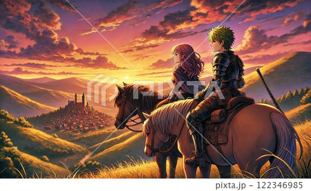夕焼けに染まる丘で城を見下ろす騎士と馬、旅路の始まり 122346985