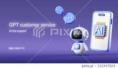 GPT customer service 3d banner. Mobile chatbot app with ai chip on screen, robot bot, speech bubble chat. ChatGPT technology online communication, support with artificial intelligence. 3D illustration 122347024