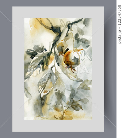 Fragment of tree with fruits and green petals on branches on print. Watercolor artwork Fragment of tree with fruits and green petals on branches on print. Watercolor artwork 122347359