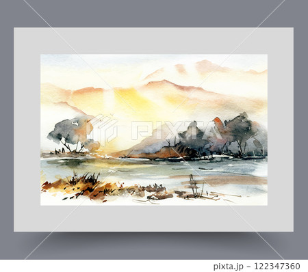 Scenery with river flowing near mountains illuminated by bright rays sun and trees growing on shore Scenery with river flowing near mountains illuminated by bright rays sun and trees growing on shore 122347360