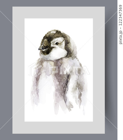 Arctic penguin with black and white plumage and small key on print. Watercolor artwork 122347369