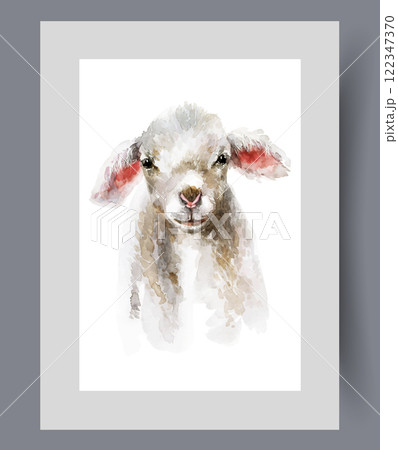 Small sheep with white wool and splayed ears looks at screen on wall art. Watercolor artwork Small sheep with white wool and splayed ears looks at screen on wall art. Watercolor artwork 122347370