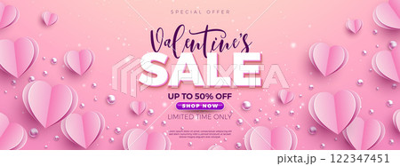 Valentine's Day Sale Banner Design with Falling Paper Heart and Typography Lettering on Pink Background. Holiday Vector Business Illustration with Special Offer Elements for Coupon, Voucher, Flyer 122347451