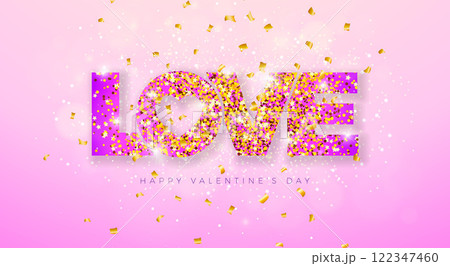 Happy Valentine's Day Banner Design with Glittered Love Typography Letter and Falling Confetti on Light Pink Background. Vector Wedding and Romantic Valentine Theme Illustration for Flyer, Greeting Happy Valentine's Day Banner Design with Glittered Love Typography Letter and Falling Confetti on Light Pink Background. Vector Wedding and Romantic Valentine Theme Illustration for Flyer, Greeting 122347460