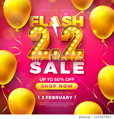 2 February Shopping Day Flash Sale Design with 3d 2.2 Light Bulb Billboard Number and Party Balloon on Red Background. Vector Special Offer 50 Percent Off Campaign Discount Illustration for Coupon 2 February Shopping Day Flash Sale Design with 3d 2.2 Light Bulb Billboard Number and Party Balloon on Red Background. Vector Special Offer 50 Percent Off Campaign Discount Illustration for Coupon 122347461