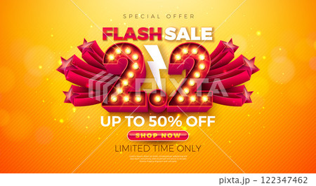 2 February Shopping Day Flash Sale Design with 3d 2.2 Light Bulb Billboard Number and Star Symbols on Yellow Background. Vector Special Offer 50 Percent Off Campaign Discount Illustration for Coupon 2 February Shopping Day Flash Sale Design with 3d 2.2 Light Bulb Billboard Number and Star Symbols on Yellow Background. Vector Special Offer 50 Percent Off Campaign Discount Illustration for Coupon 122347462