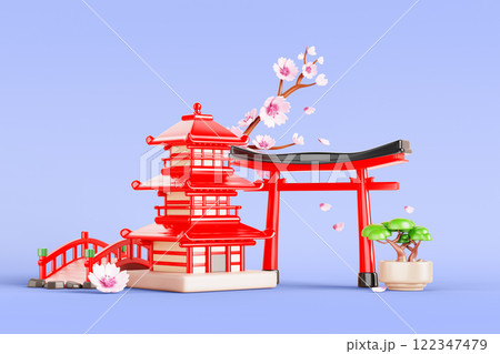 Japanese spring 3d landscape with house or temple, red torii gate, garden bridge, bonsai tree, cherry blossom branches and flying petals in blue sky render. Japan travel background. 3D illustration Japanese spring 3d landscape with house or temple, red torii gate, garden bridge, bonsai tree, cherry blossom branches and flying petals in blue sky render. Japan travel background. 3D illustration 122347479