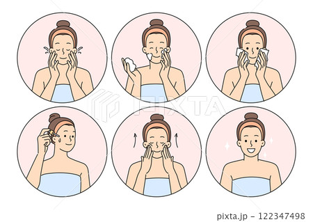 Morning hygiene and cosmetic procedures are used by women to rejuvenate facial skin 122347498