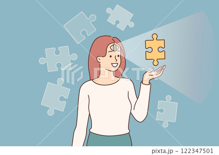 Woman uses intuition to choose right solution from several options, and has third eye in forehead Woman uses intuition to choose right solution from several options, and has third eye in forehead 122347501