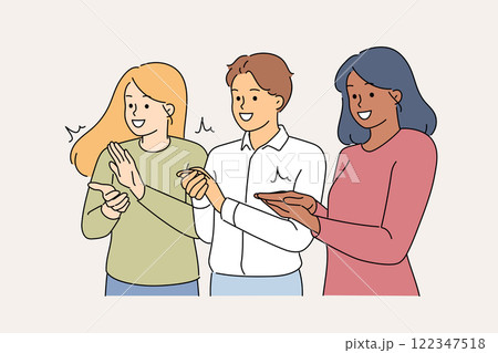 People stand in row applauding to show appreciation for good performance at business conference 122347518