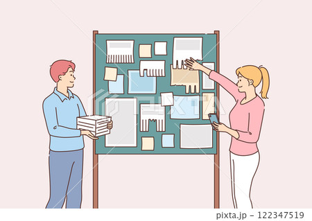 Man and woman are posting advertisements on board, trying to find new clients and customers Man and woman are posting advertisements on board, trying to find new clients and customers 122347519