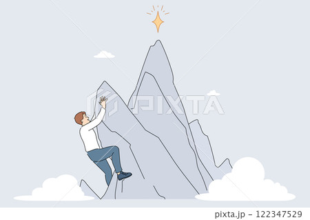 Business man leader climbs to top of cliff to get winner star and become best corporation Business man leader climbs to top of cliff to get winner star and become best corporation 122347529