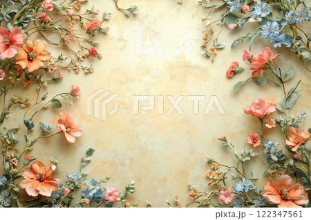 spring flowers borders on yellow paper background. Floral frame with free space for text spring flowers borders on yellow paper background. Floral frame with free space for text 122347561