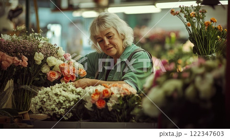 senior woman working proudly in a flower warehouse in the summer, arranging bouquet in florist shop 122347603
