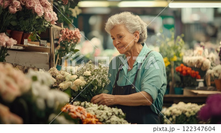 senior woman working in a flower shop, arranging bouquet 122347604