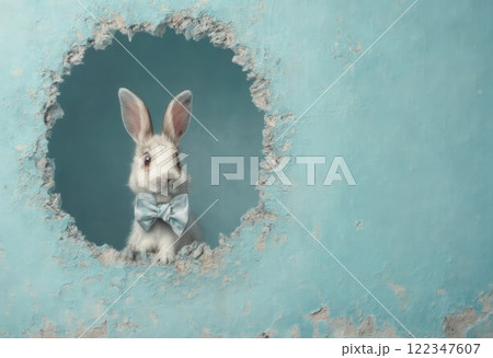 white bunny wearing a bow tie peeking out from hole in the wall. 122347607