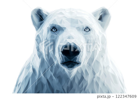Low poly polar bear face with geometric accents glowing on clean white background. 122347609