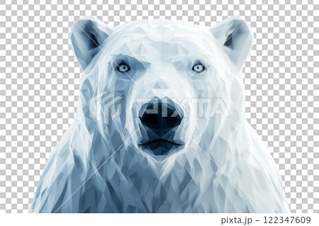 Low poly polar bear face with geometric accents glowing on clean white background. 122347609