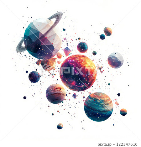 Alien solar system with glowing orbits and polygonal planets, low poly on a white background 122347610