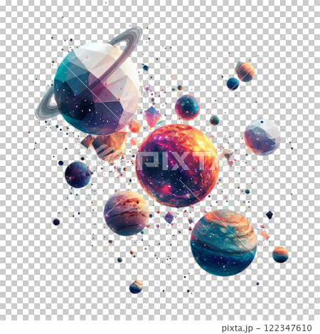 Alien solar system with glowing orbits and polygonal planets, low poly on a white background 122347610