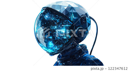 astronaut portrait with glowing neon-blue circuitry patterns on the helmet, low poly on a white background 122347612
