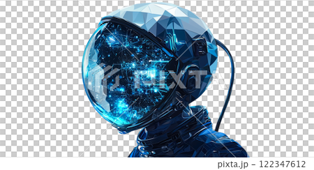 astronaut portrait with glowing neon-blue circuitry patterns on the helmet, low poly on a white background 122347612