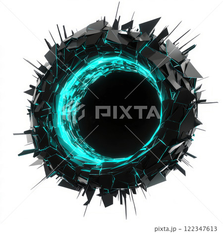 Black hole with glowing turquoise rings and geometric orbits, low poly on a white background 122347613