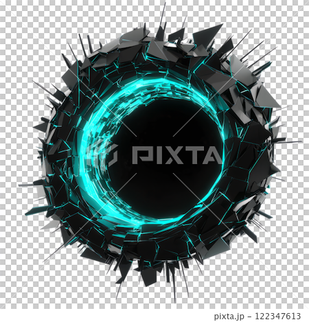 Black hole with glowing turquoise rings and geometric orbits, low poly on a white background 122347613