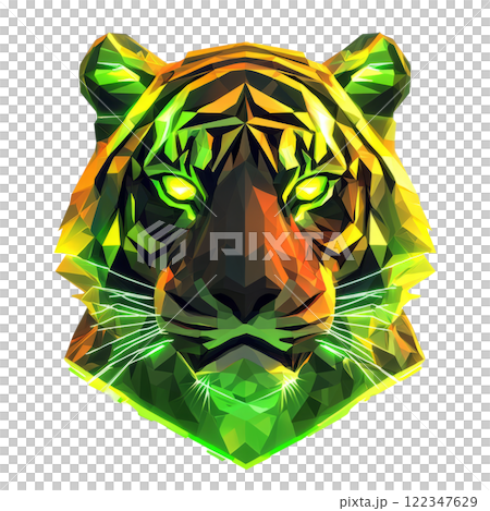 Tiger with green and yellow glowing stripes and geometric motifs,  low poly on a white background. 122347629