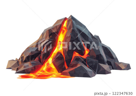 volcano with glowing red lava cracks, low poly on a white background volcano with glowing red lava cracks, low poly on a white background 122347630