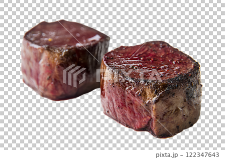 Venison steaks, dark red and lean, on a white background 122347643