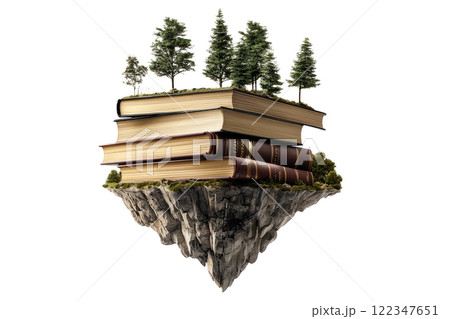 Floating library island with floating books and enchanted scrolls, set in the air on a white background 122347651