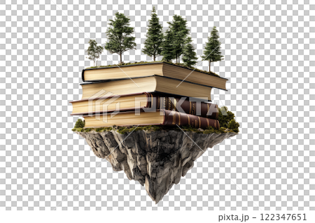Floating library island with floating books and enchanted scrolls, set in the air on a white background 122347651