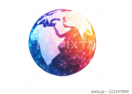 Planet made of glowing geometric patterns, floating low poly on a white background 122347669