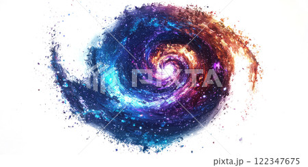 Spiral galaxy with glowing fractal arms, drifting in white space. low poly on a white background 122347675