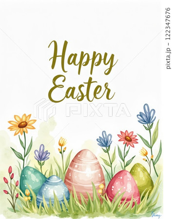 watercolor easter greeting card wilth coloured eggs on grass and flowers. Empty space for text 122347676