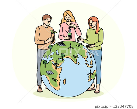 Human volunteers near globe and place trees and wind or solar generators on planet to combat CO2 122347709