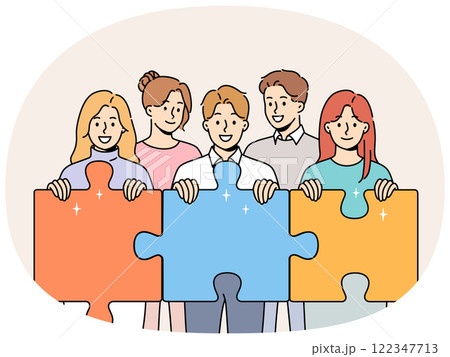 Friendly team people hold puzzle pieces symbolizing working together to solve business problems 122347713