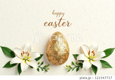 a greeting card with golden easter egg and spring flowers a greeting card with golden easter egg and spring flowers 122347717