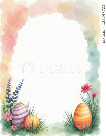 watercolor easter empty frame, eggs in pastel colours 122347723