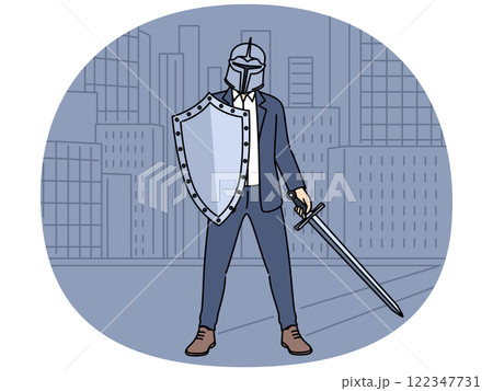 Business man with knight shield preparing for battle, concept corporate wars between competitors 122347731