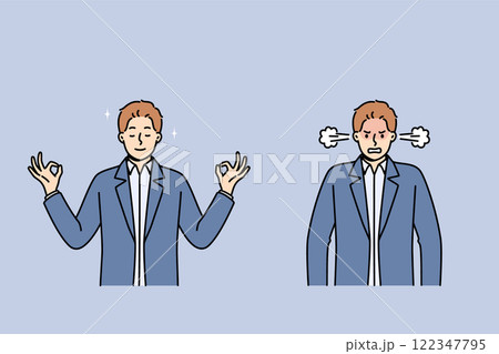 Calm meditating man turns into angry businessman due to constant problems in career 122347795