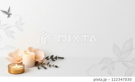 Elegant funeral flyer templates featuring soft floral designs, candles, and soothing backgrounds 122347830