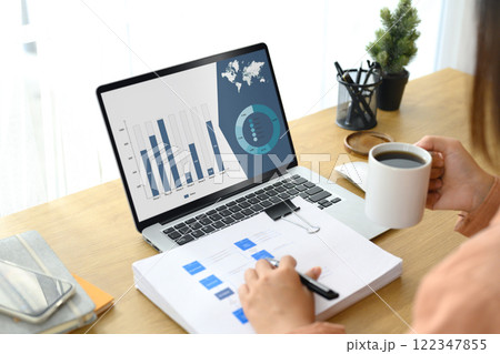 Professional businesswoman reviewing detailed analytics displayed on laptop screen Professional businesswoman reviewing detailed analytics displayed on laptop screen 122347855
