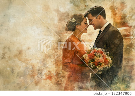 water color retro card for valentine day. young couple and space for text 122347906